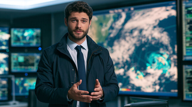 <Meteorologist Delivering Expert Weather Report in High-Tech News Studio with Interactive Storm Tracking and Climate Change Analysis>