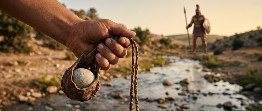 Man hand holding a leather sling with a stone ready to face a giant warrior in the background. Biblical scene of David against Goliath. Religious faith, courage and epic combat story.