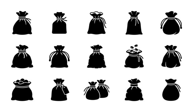 Black sack icons set, 15 money bag vector silhouettes, drawstring pouch collection for finance and gaming, rustic burlap bag graphics on white background