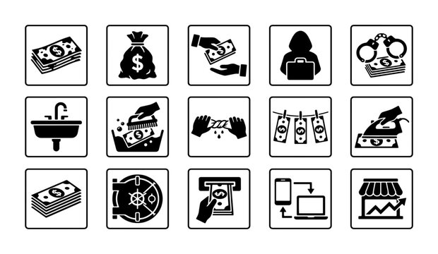 Money laundering icon set, financial crime and illegal currency transaction symbols, 15 black and white vector icons for banking security