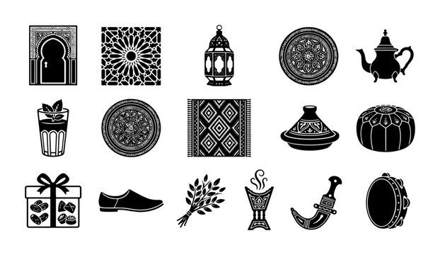 Moroccan culture icons set, 15 black silhouette vector elements of Arabic heritage, traditional Middle Eastern symbols for travel and tourism branding