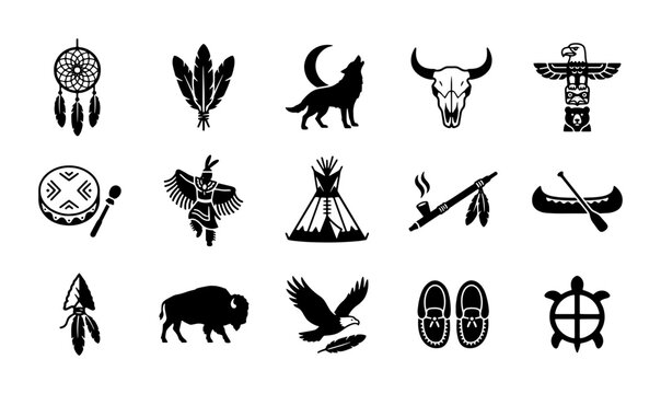 Native American tribal icons set, indigenous culture symbols in black silhouette, 15 ethnic vector elements for heritage design and education