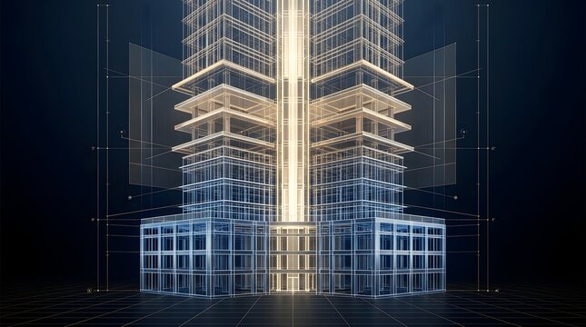 Architectural wireframe blueprint of a modern skyscraper showing digital construction technology and proptech development