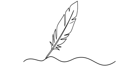 A single continuous line drawing of a feather quill pen creating a wavy line on a simple flat surface for design work Vector, illustration © Design bundle Press
