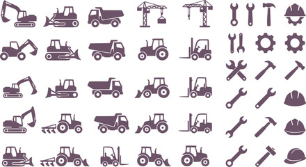 Fototapeta premium Construction Vehicles and Heavy Machinery Silhouette Icons, Tractor and Excavator Vector Collection