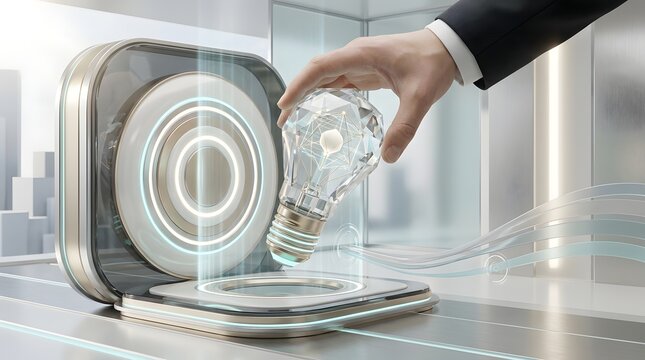 Implementing technological innovation featuring a businessman connecting a glowing geometric lightbulb into a data terminal