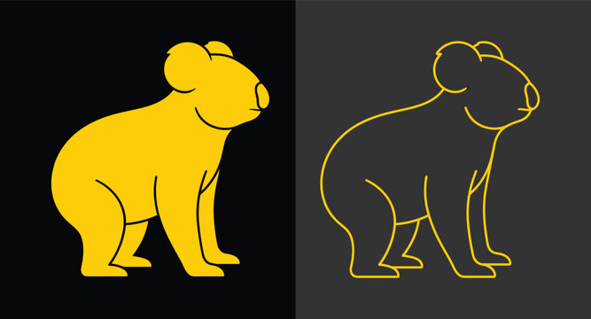 Golden standing koala bear silhouette and line art icon set with wildlife