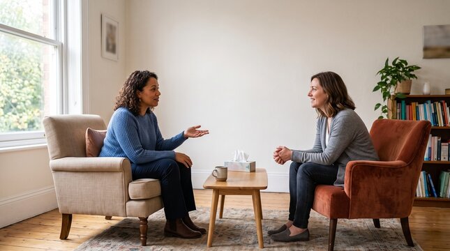 Two people in comfortable armchairs facing each other in a warm therapy office, one speaking and one listening attentively. Professional counseling photo for therapy practice marketing.