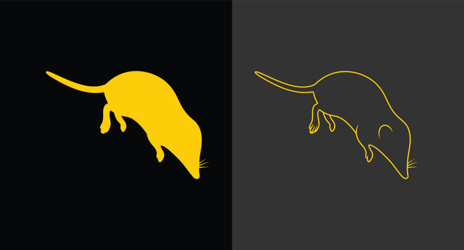Minimalist golden silhouette and outline of a small jumping shrew with wildlife