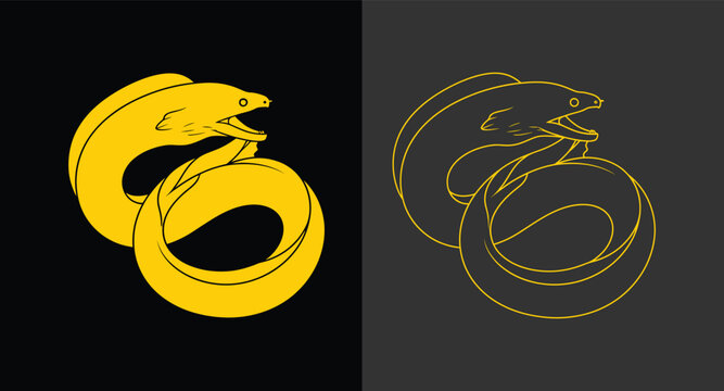 Eel silhouette and line art sea creature icon set with silhouette, minimalist