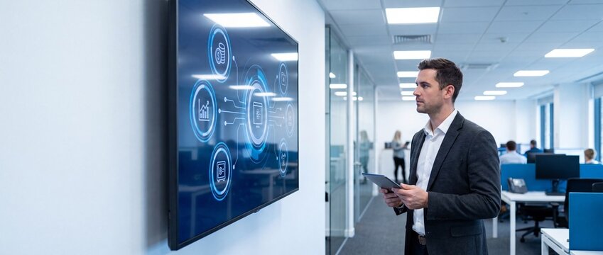 Professional businessman looking at digital business data on a wall screen
