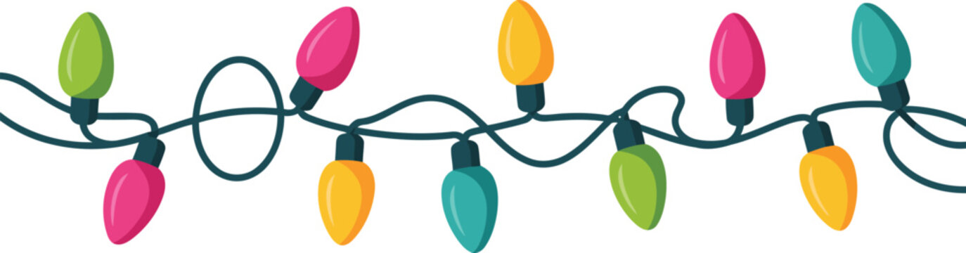 A string of colorful vintage style christmas light bulbs isolated on a plain white background for holiday season decoration