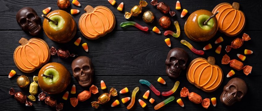 Halloween candy and treats on a dark wooden background