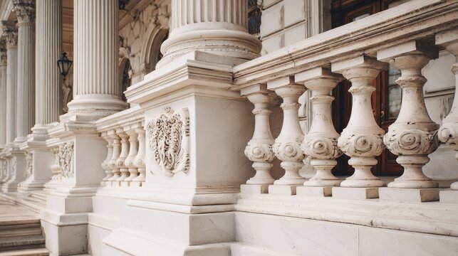 Row of white stone pillars and grand staircase on a classical building facade