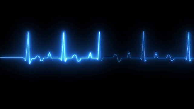 Heartbeat monitor EKG line monitor showing heart pulse .Neon sign heartbeat signal animation , Glowing cyan color neon heartbeat icon. Heart bit signal, 4k motion graphic animation.