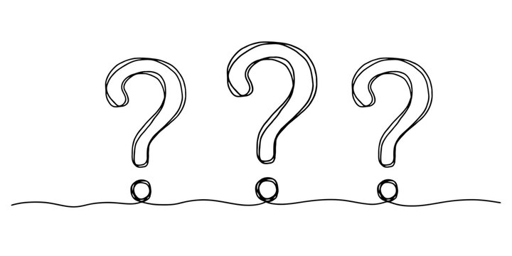 Three question marks drawn with a continuous single black ink line in a simple hand drawn doodle style for design Vector, illustration