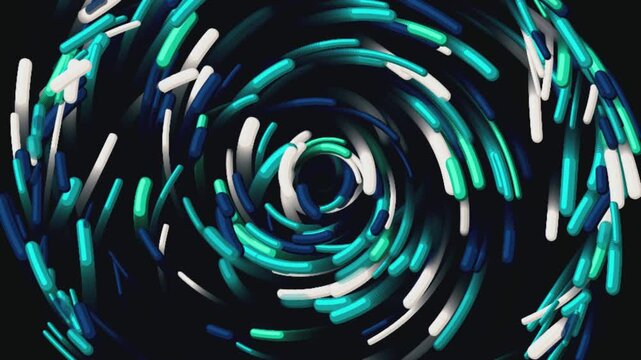 Abstract circular motion design with teal blue and white pill shaped elements