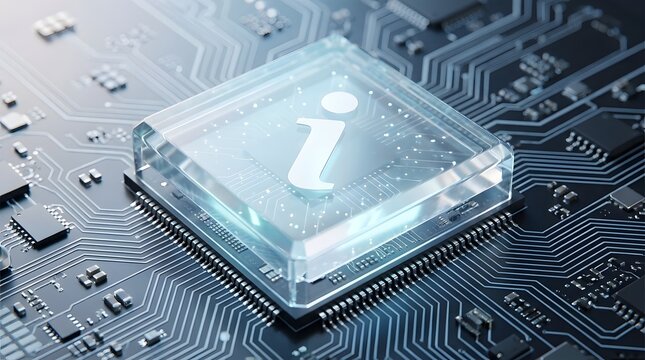 Information technology concept with glowing info icon inside computer microchip on futuristic motherboard
