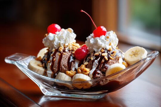 Indulgent banana split treat with rich chocolate ice cream and toppings, photographed in natural light
