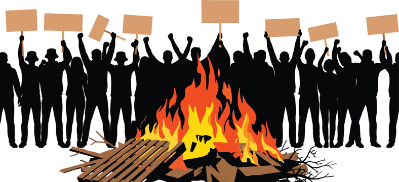 Silhouette of a large crowd of people protesting with blank signs standing behind a bright campfire with orange flames