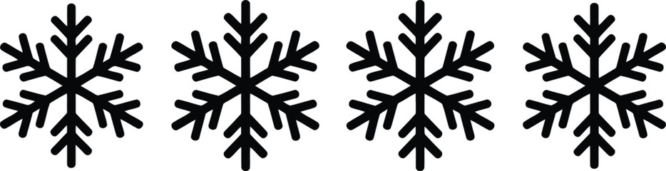 Fototapeta premium A horizontal row of four black snowflake icons isolated on a white background for winter holiday design projects