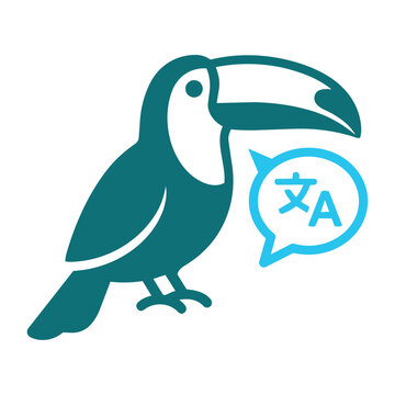 Cute toucan mascot with language translation speech bubble