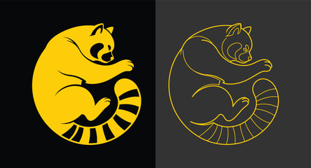 Golden red panda silhouette and line art icon set with wildlife, silhouette © KH