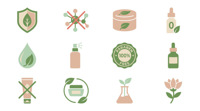 Set of paraben free natural cosmetics and organic skincare flat icons