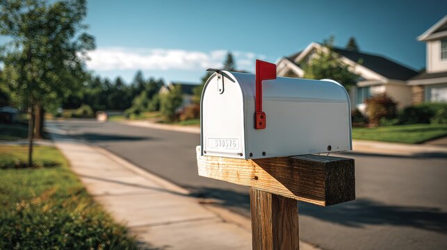 White mailbox on a wooden post beside a neatly kept residential yard