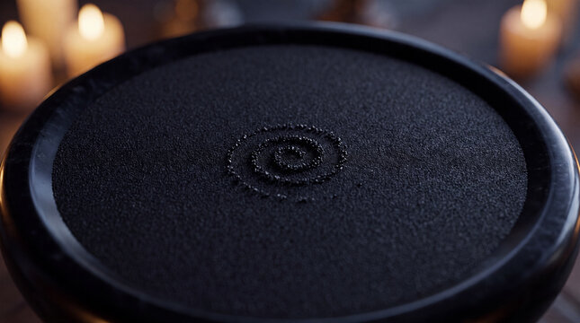 Black sand tray with a delicate spiral pattern formed in the center for mystic rituals and Halloween