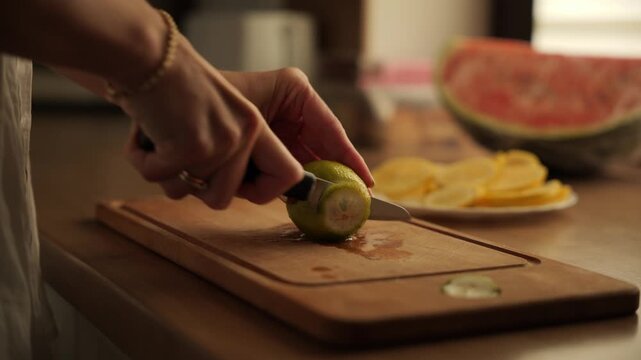 Cutting a lime and preparing slices in a kitchen for a refreshing drink or dish