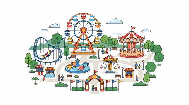 Amusement Park Scene with Rides and Attractions in Flat Design Style