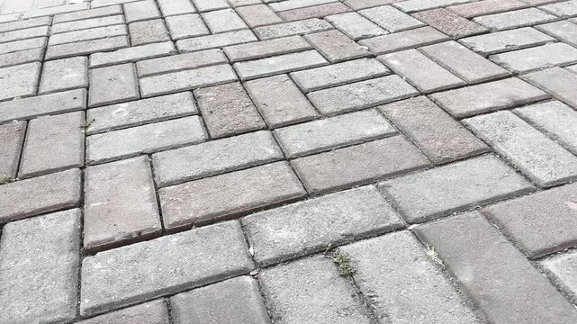 Close up view of interlocking brick pavement walkway