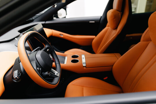 Guangzhou, China - December 22, 2025: interior exterior of brown leather of electric crossover xiaomi car YU7 in showroom