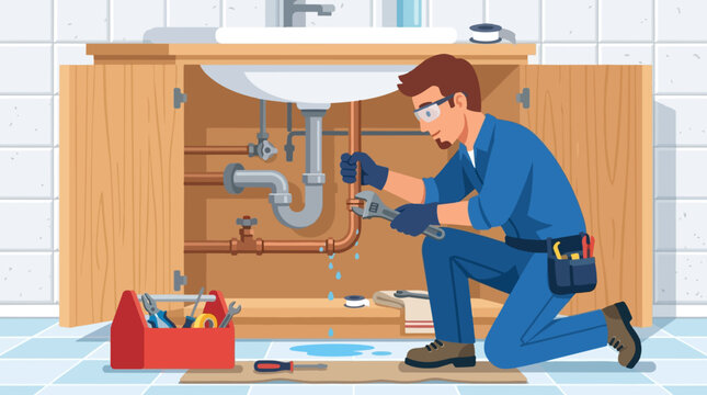 2D Flat Vector Plumber fixing leaky pipes under a sink with tools and toolbox