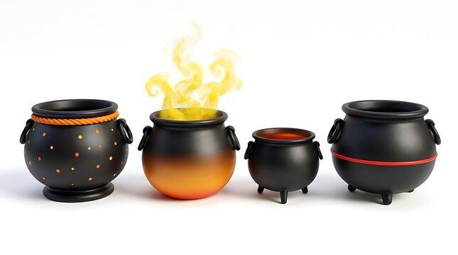 Set of Four Black Witch Cauldrons with Steaming Yellow Magic Potion Isolated on White Background for Halloween
