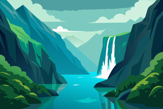 Majestic waterfall cascading into a deep blue river between lush green mountains