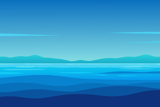 Minimalist seascape with calm blue ocean and distant mountains, vector illustration