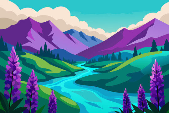 Vibrant mountain valley with a winding river and purple lupine flowers, vector illustration