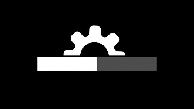Minimalist animated loading progress bar with gear cog icon on black background, system processing update status indicator, mechanical setting loader motion graphic UI UX design video element.