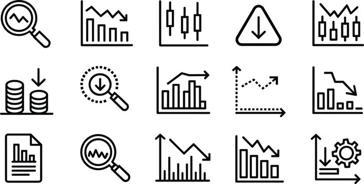 Financial loss and stock market crash line icon set featuring declining chart candlestick graph coins down arrow document and magnifier analysis