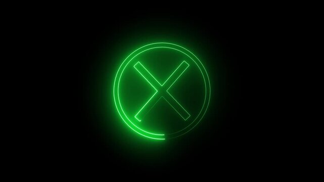 Glowing green neon light cross mark error icon animation on black background, failed progress cancel status indicator, futuristic electric hazard denied symbol UI UX motion graphic video effect.