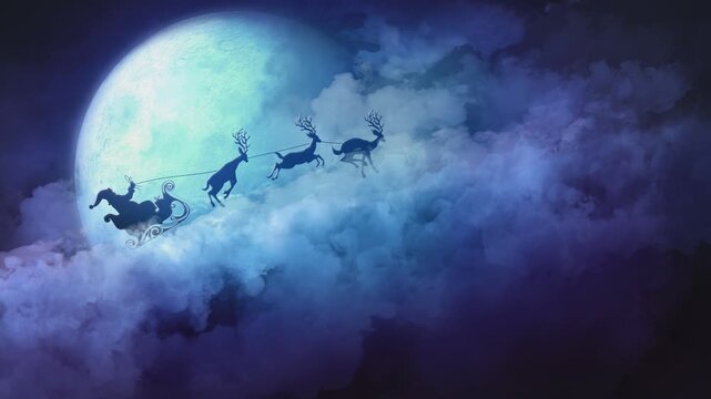 Santa claus flies sleigh pulled by reindeer across a bright full moon at night christmas holiday winter clouds flying seasonal festive december