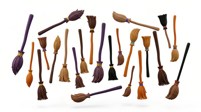 Set of 3D Stylized Witch Broomsticks Floating against Plain White Background for Halloween Concepts