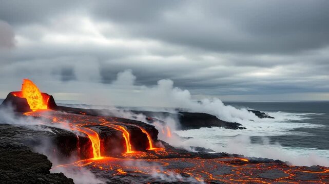 Lava flowing from a volcanic vent into the ocean