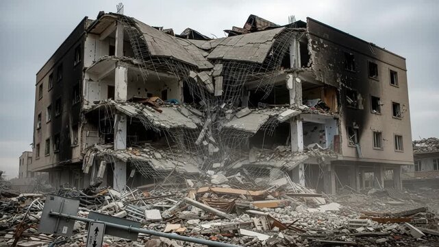 Devastated multistory building after shelling or bombing