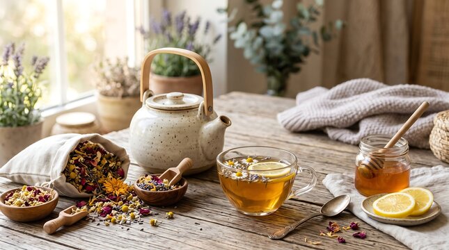 Herbal tea preparation with dried flowers and honey on rustic wooden table for natural wellness and holistic health lifestyle photography