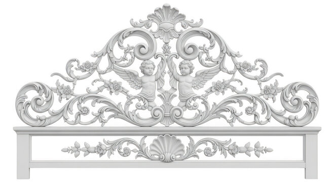 Ornate carved wooden headboard isolated on transparent background