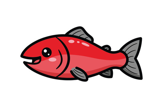 Cute Red Salmon Cartoon Fish Illustration on White Background