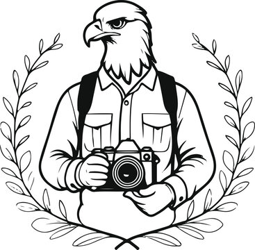 Minimal Falcon Photographer Holding A Camera With A Perched Eagle, Wildlife Photography Logo, Thick Bold Outline, Balanced Composition 1